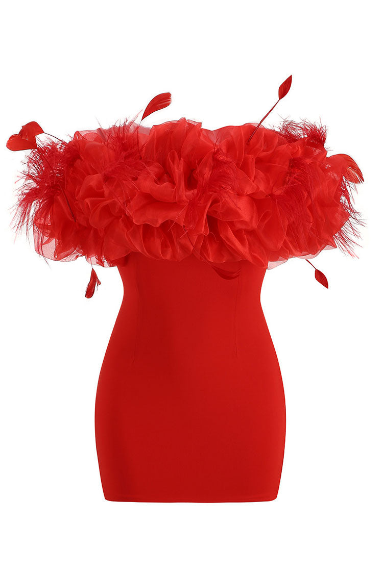 Feather Ruffle Off Shoulder Bodycon Party Mini Dress