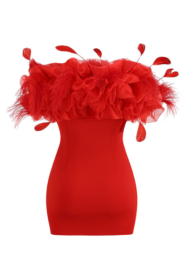 Feather Ruffle Off Shoulder Bodycon Party Mini Dress