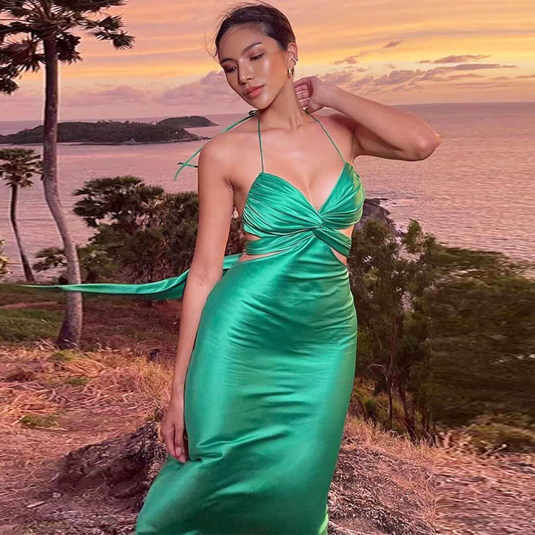 Satin Halter Neck Twist Front Cut Out Tie Back Maxi Slip Dress