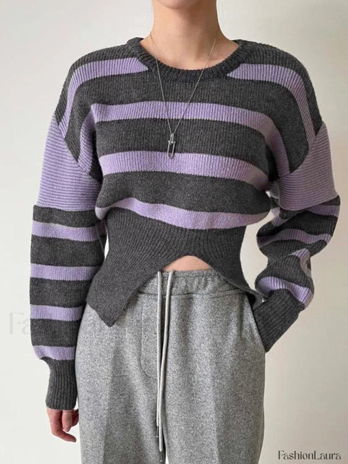 Stripe Asymmetric Graceful Notched Crop Sweater