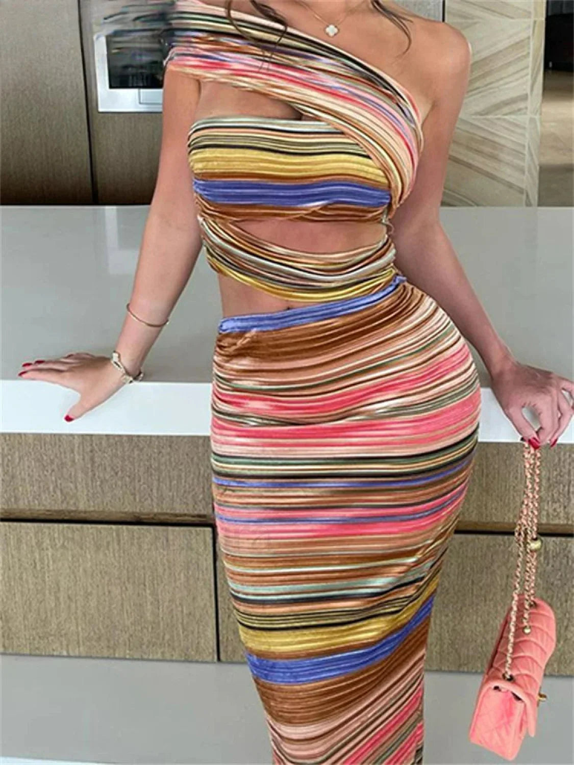 Stripe Hollow Diagonal Maxi Dress