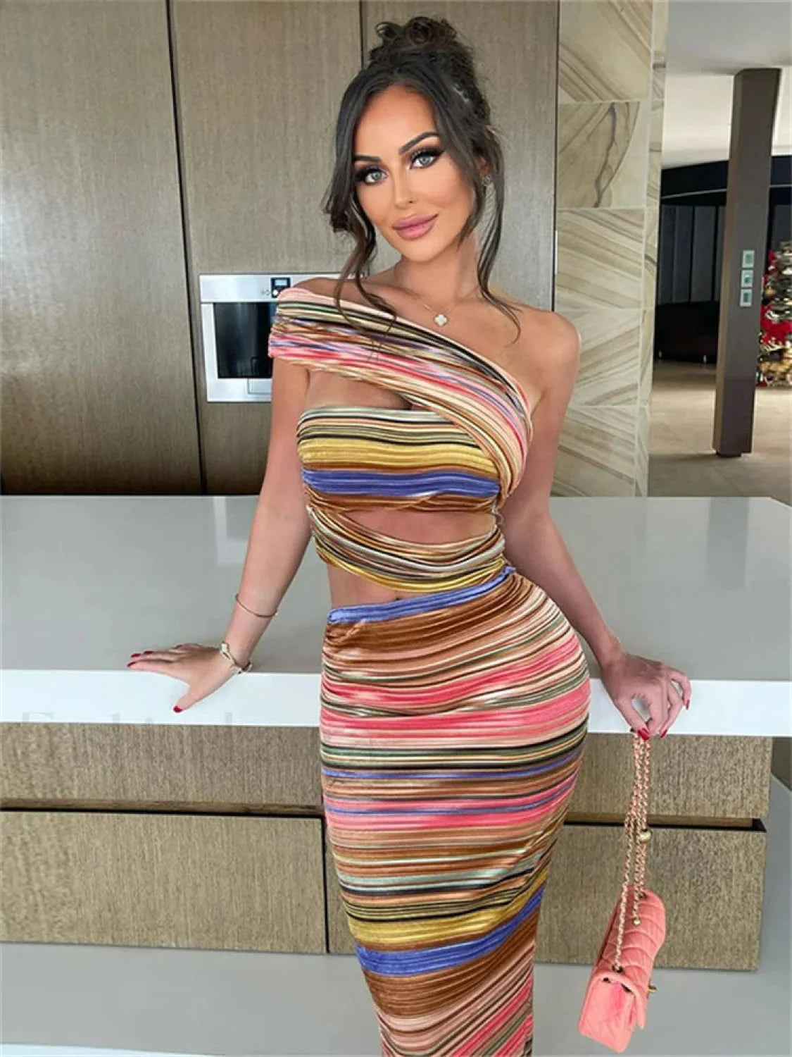 Stripe Hollow Diagonal Maxi Dress