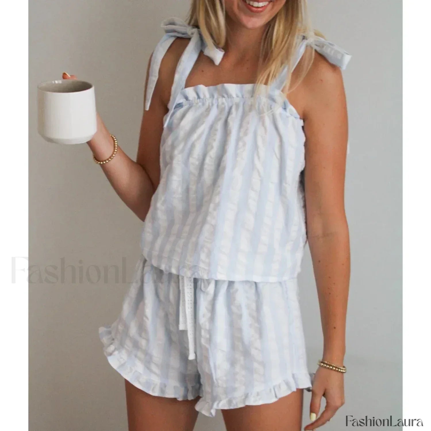 Striped Bow Ruffle Shorts Two Piece Set