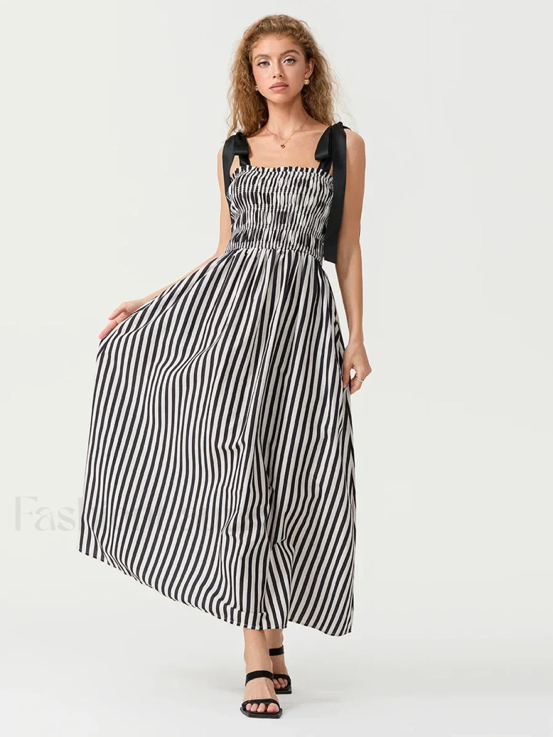 Striped Bow Shirred Maxi Dress