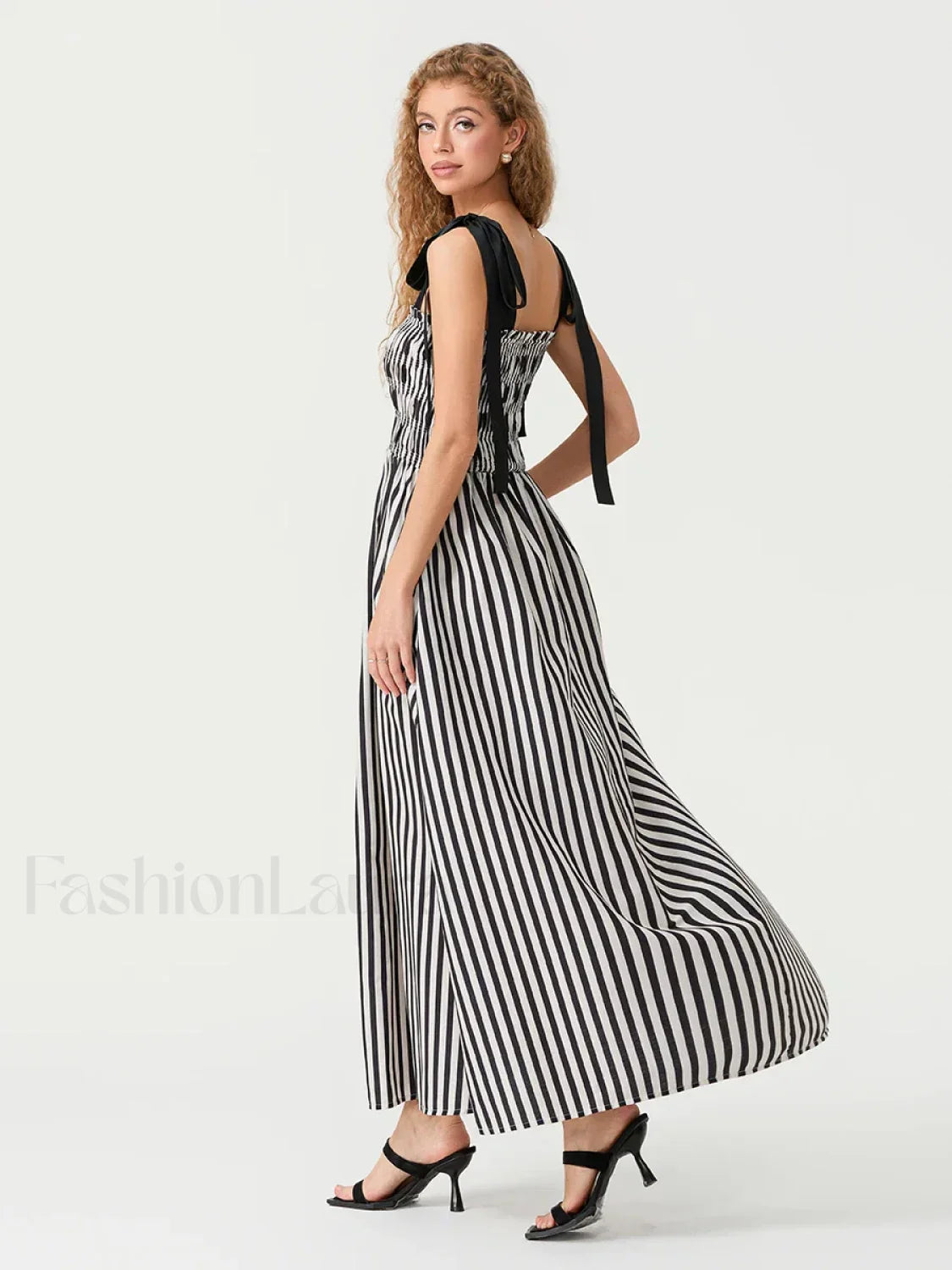 Striped Bow Shirred Maxi Dress