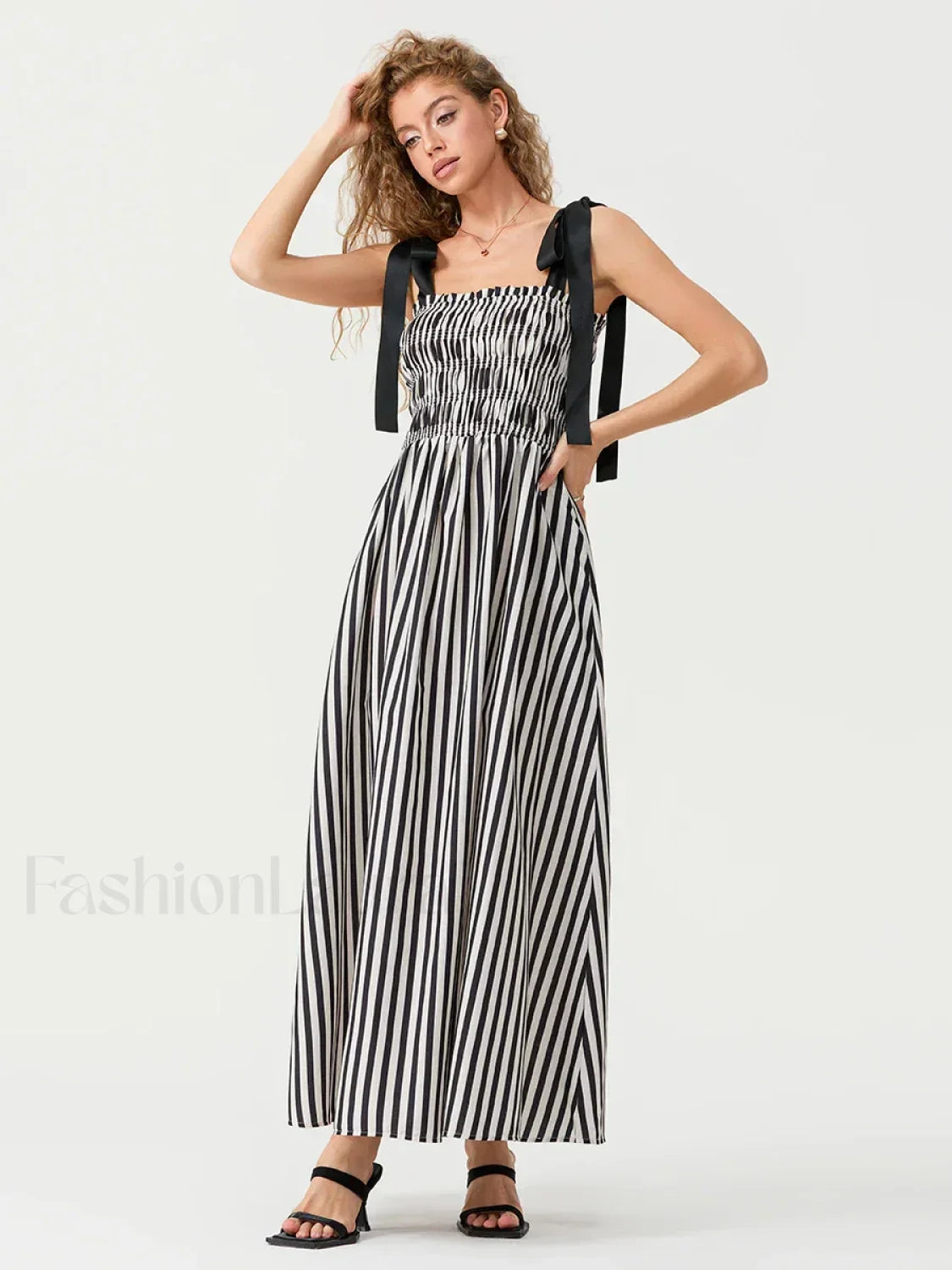Striped Bow Shirred Maxi Dress