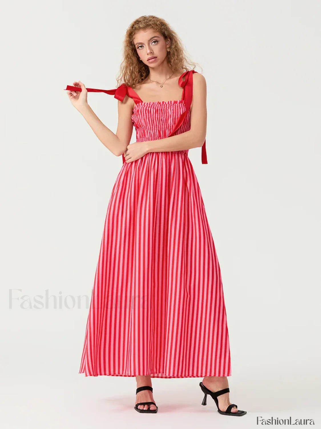Striped Bow Shirred Maxi Dress