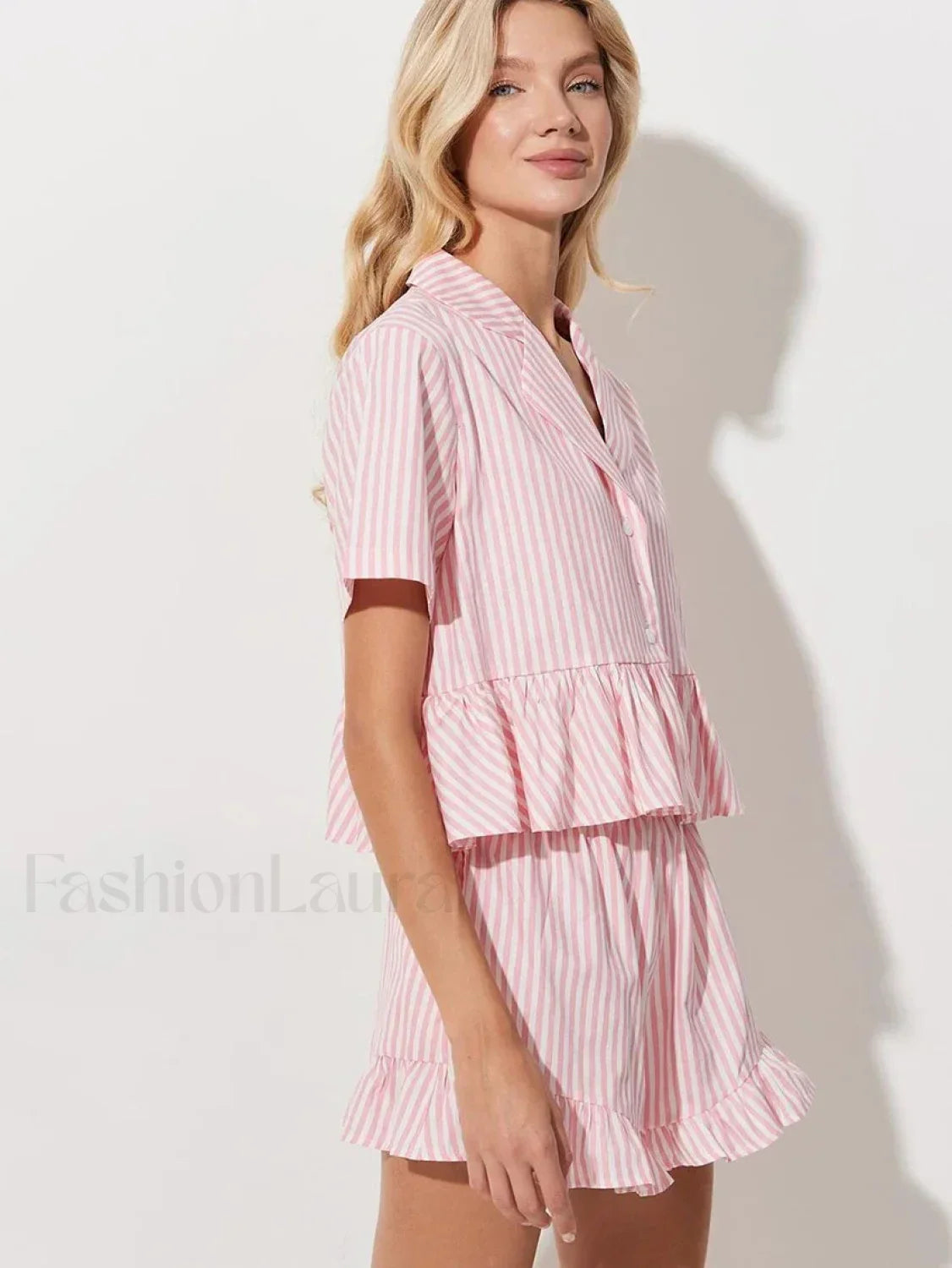 Striped Collar Short Sleeve Shorts Two Piece Set