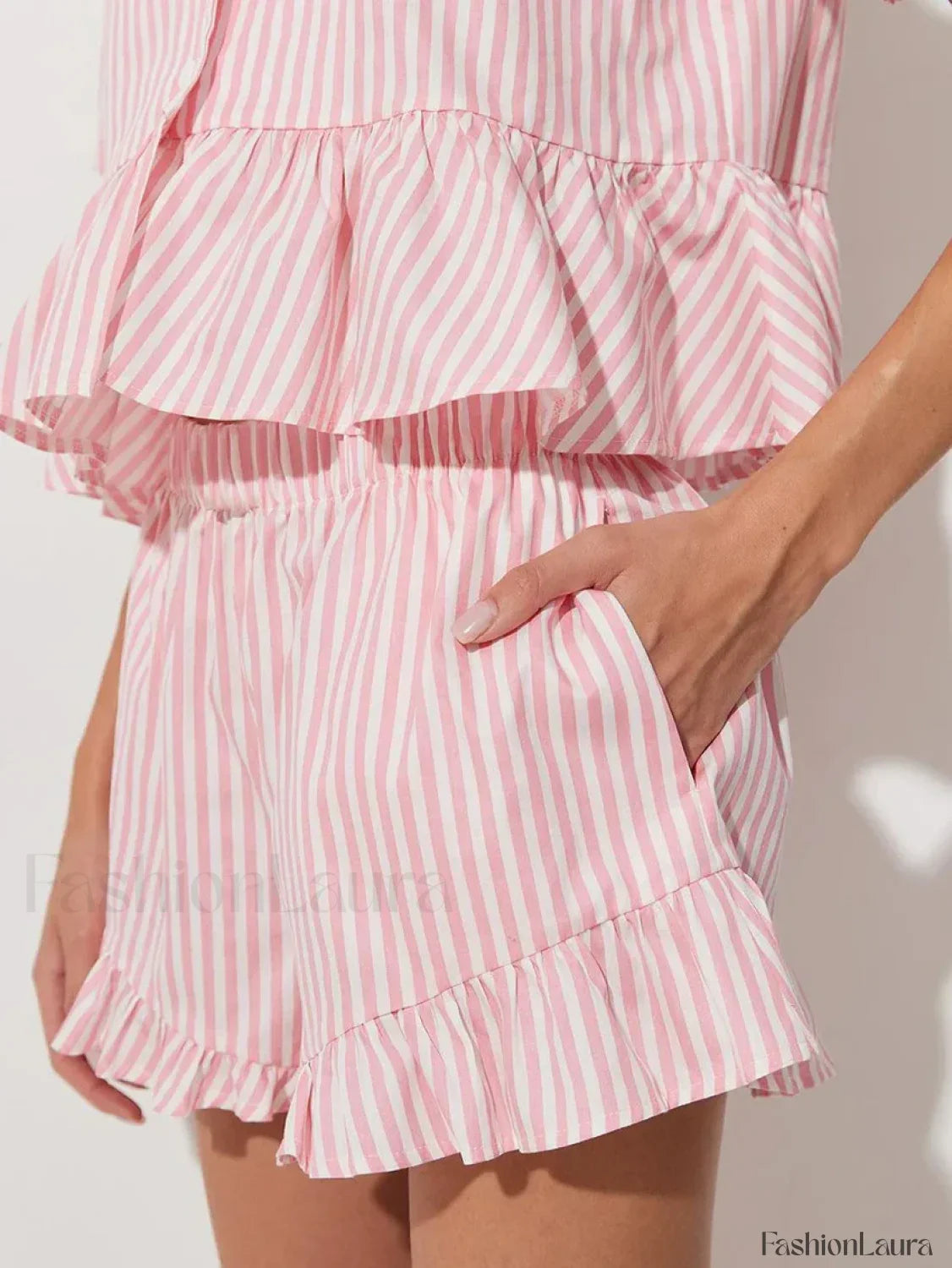 Striped Collar Short Sleeve Shorts Two Piece Set