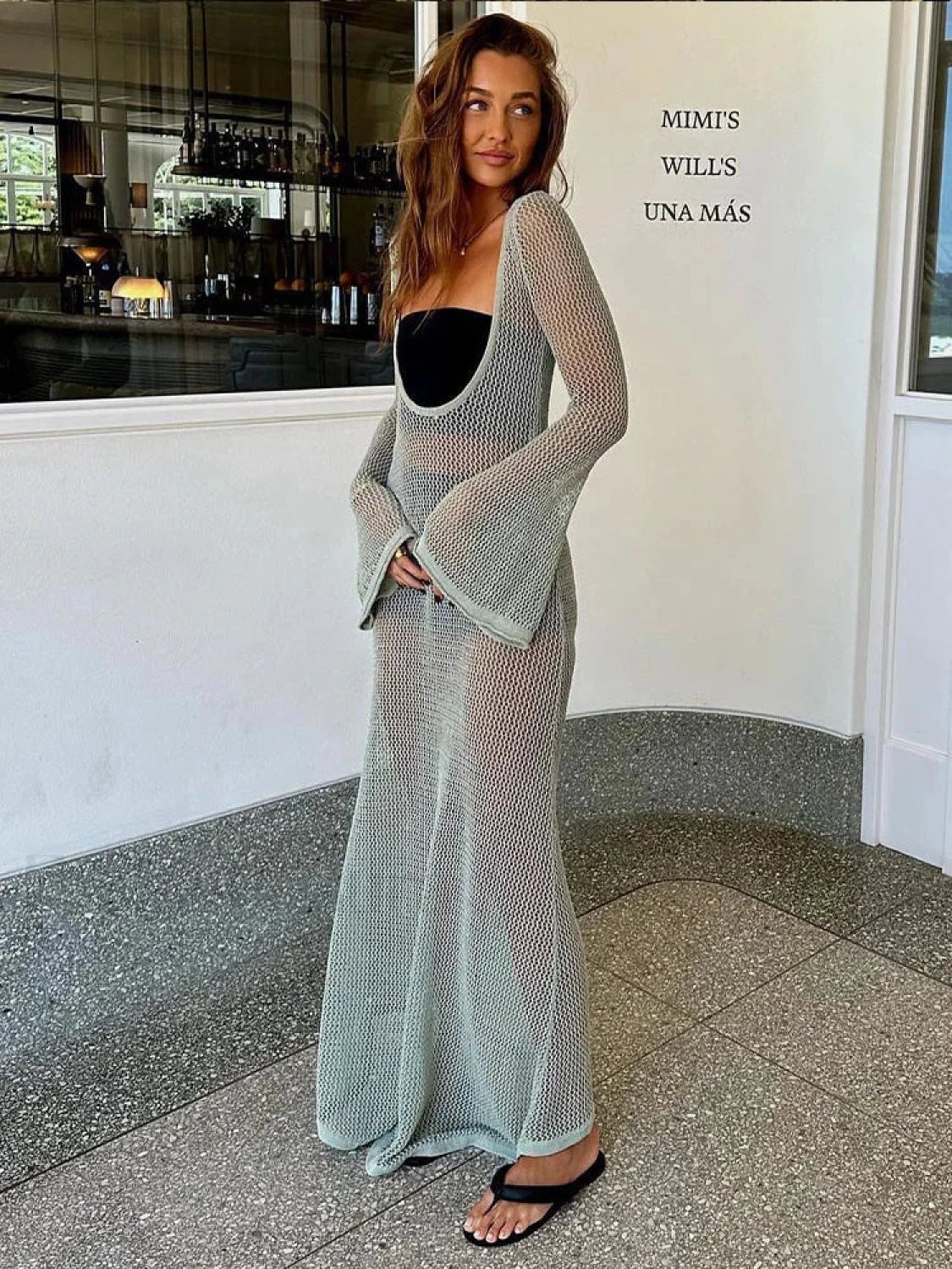 Striped Fishnet Pullover Cover Up Green / S