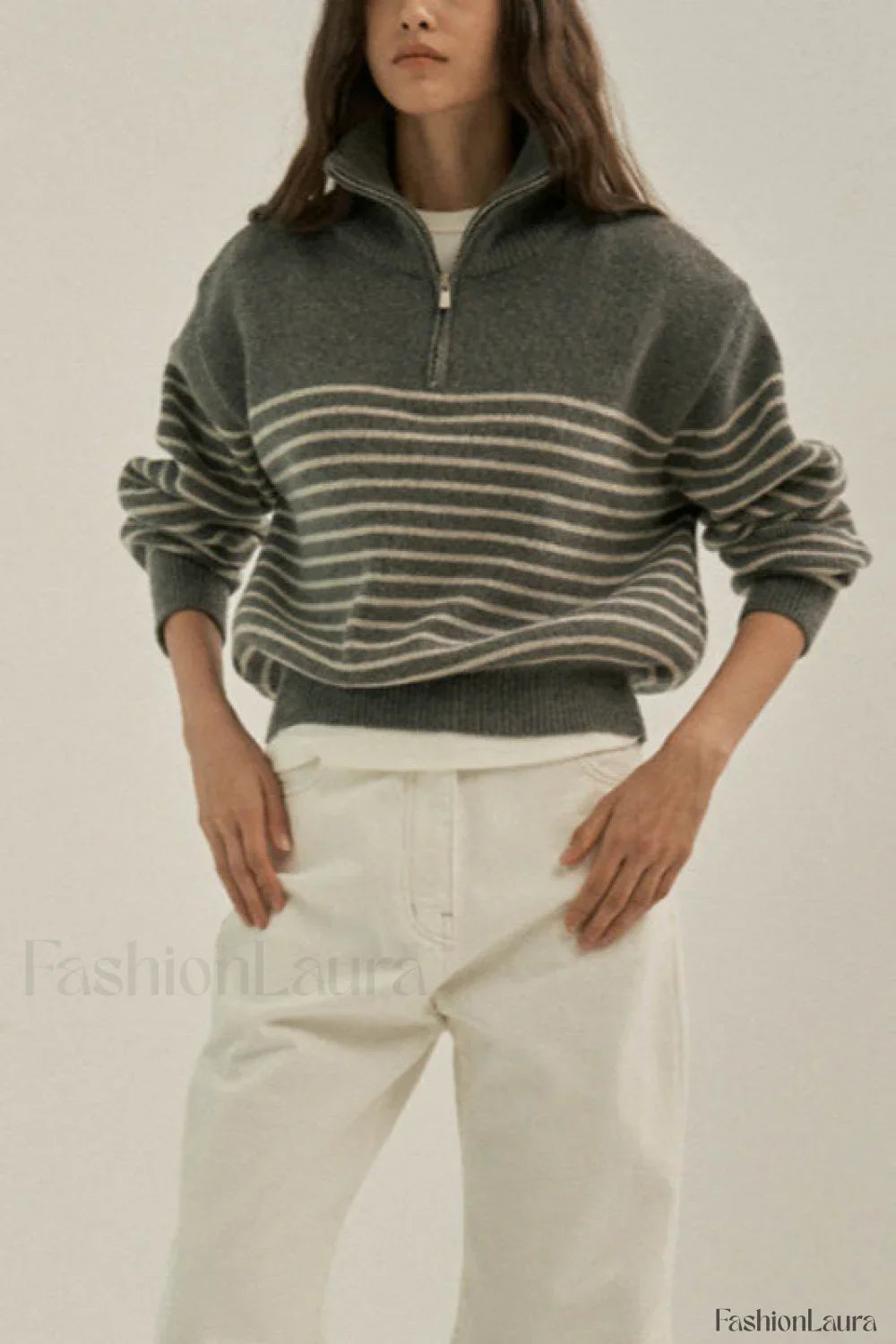 Striped Half Zip Knit Pullover Sweater