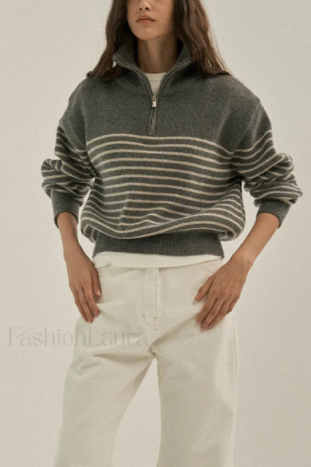 Striped Half Zip Knit Pullover Sweater