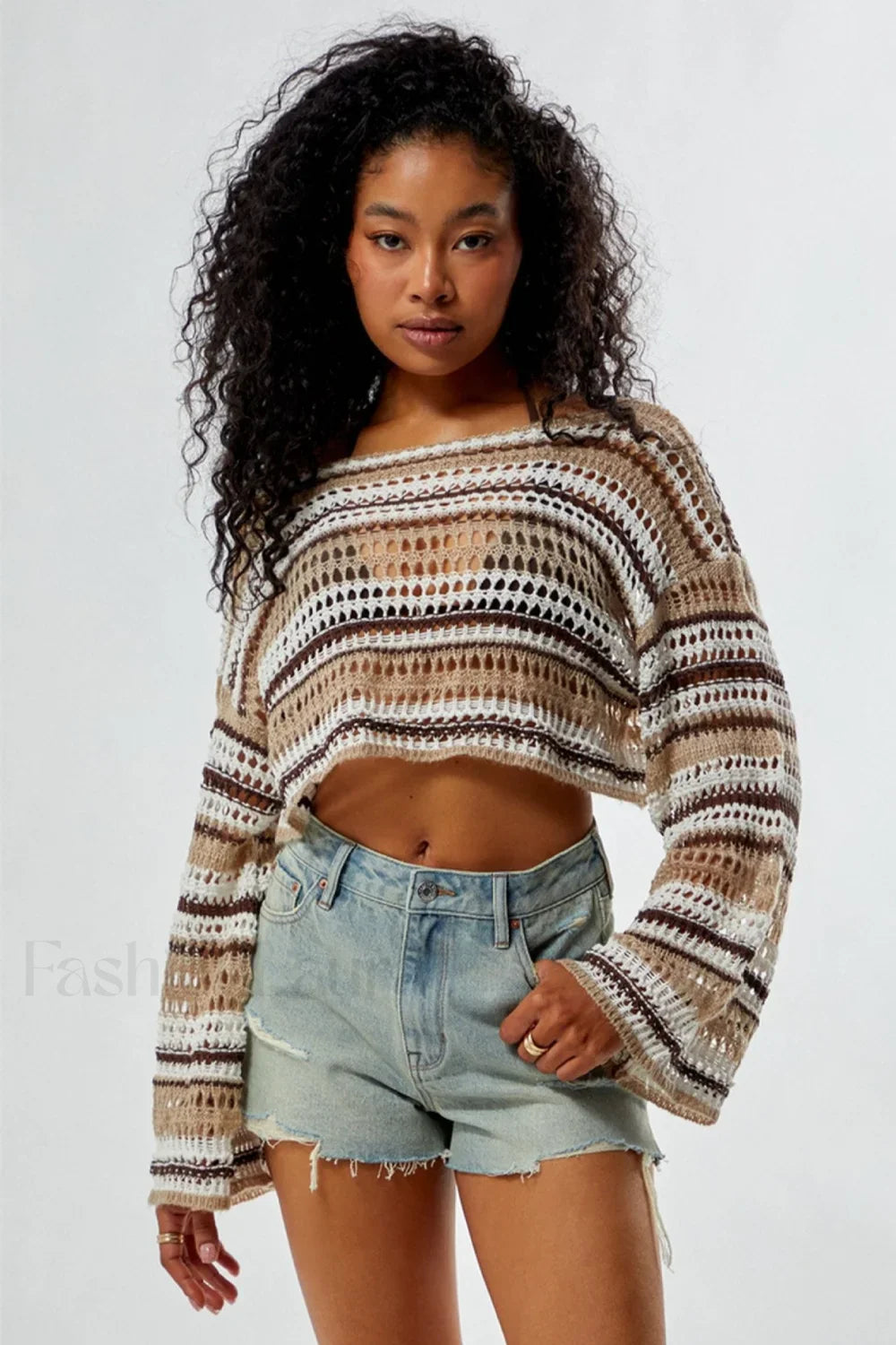 Striped Hollow Out Knit Cropped Sweater