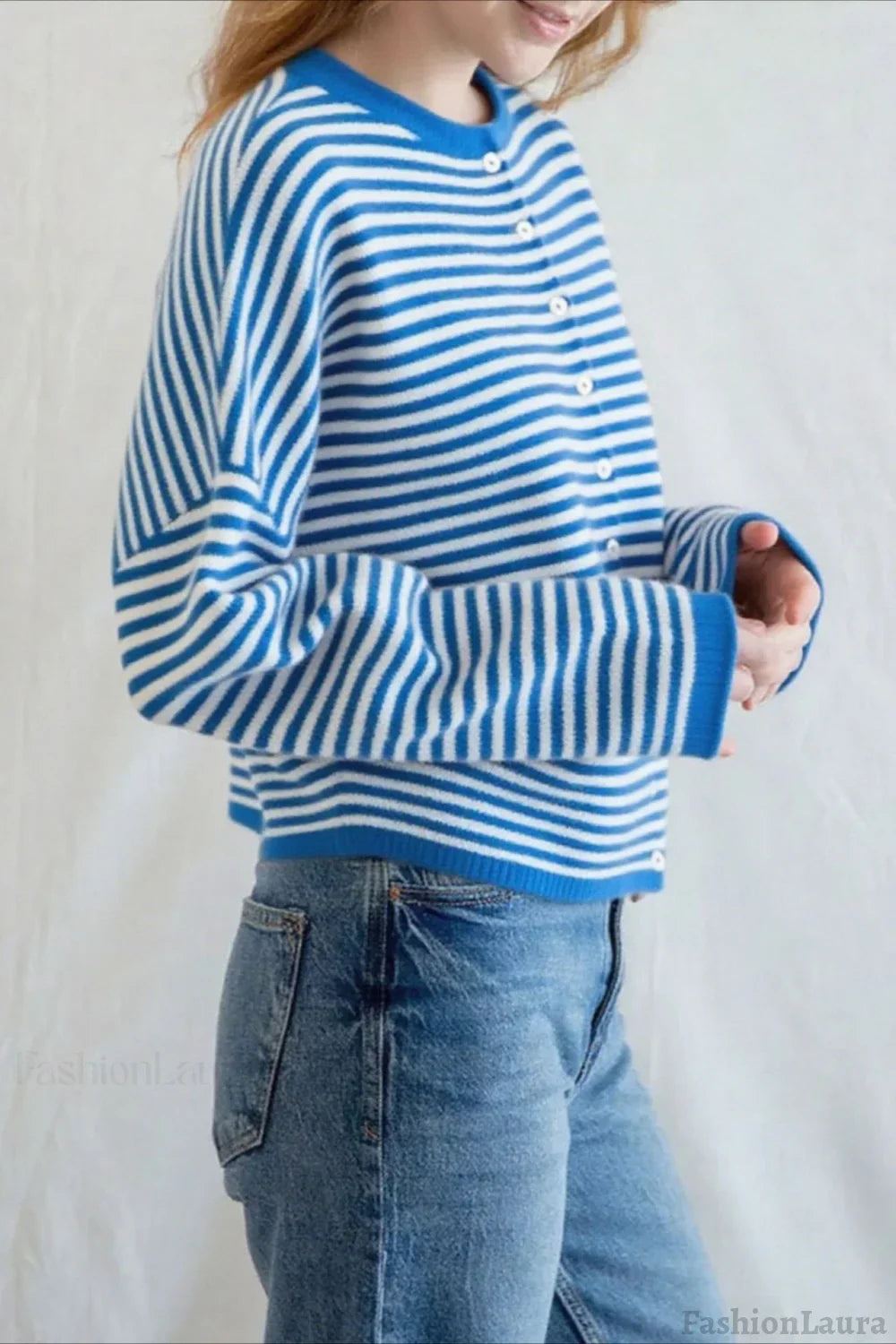 Striped Knit Round Neck Cardigan S / Blue
