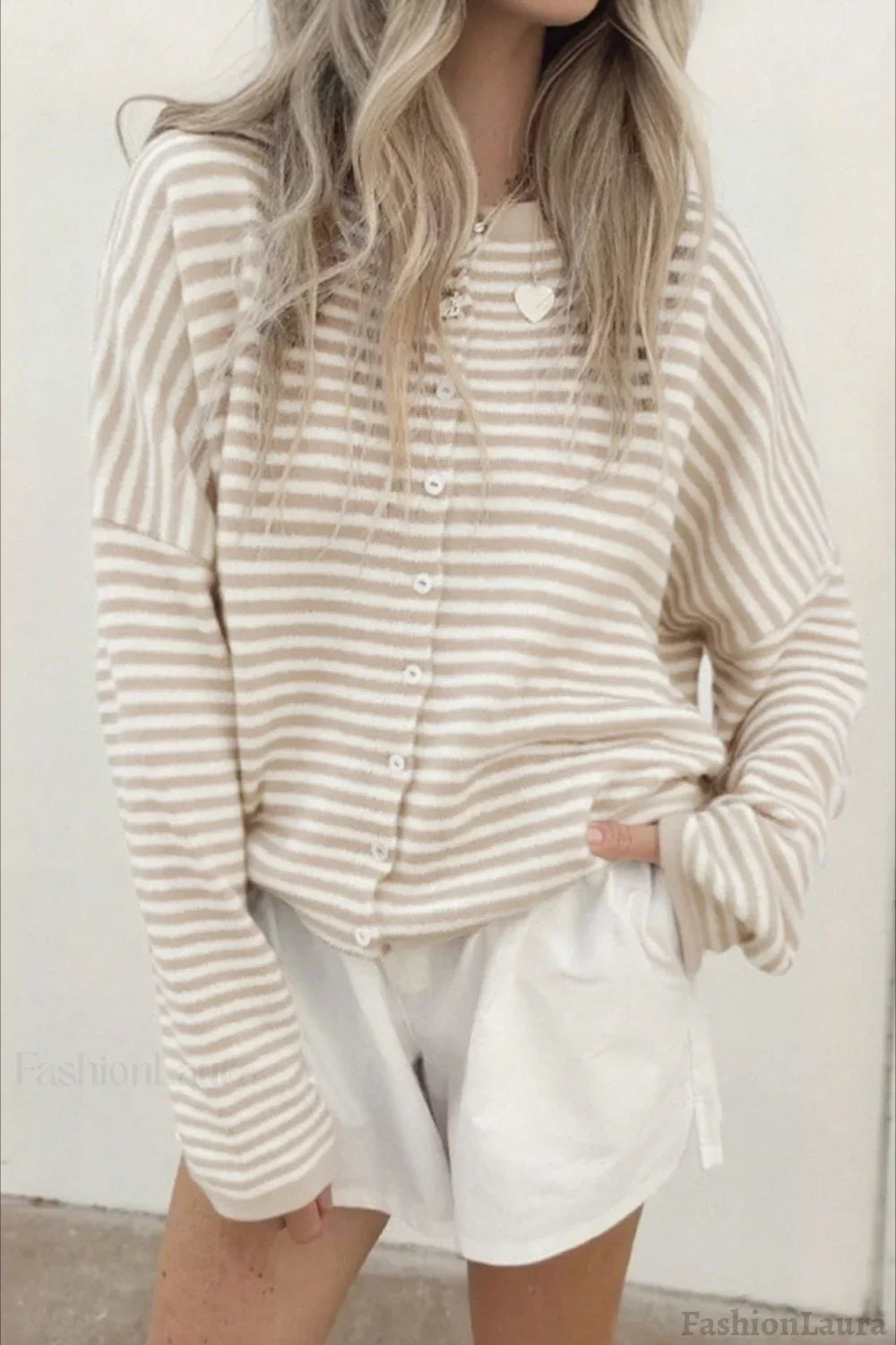 Striped Knit Round Neck Cardigan S / White