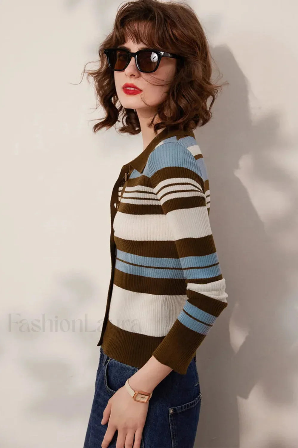 Striped Knit Turn-down Collar Cardigan