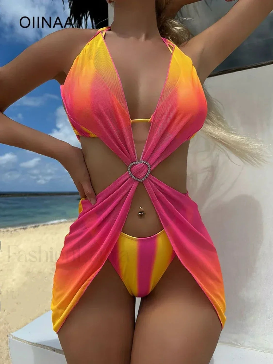Striped Lace Mesh Bikini Three Piece Set