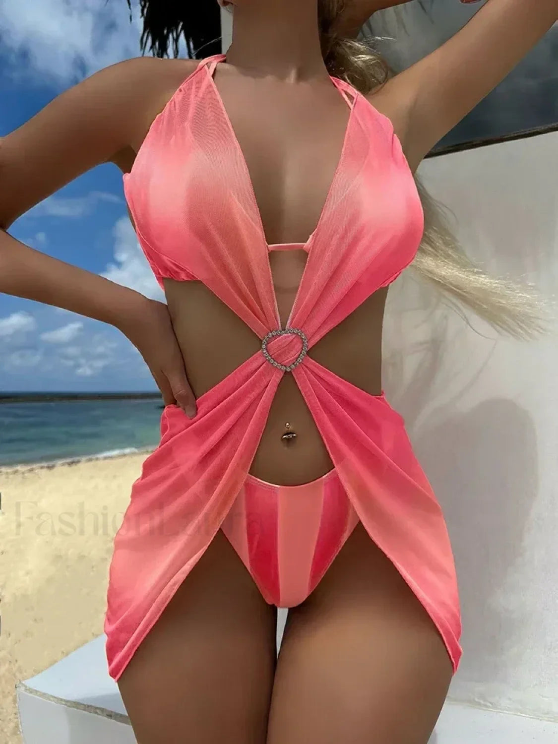 Striped Lace Mesh Bikini Three Piece Set RED / S
