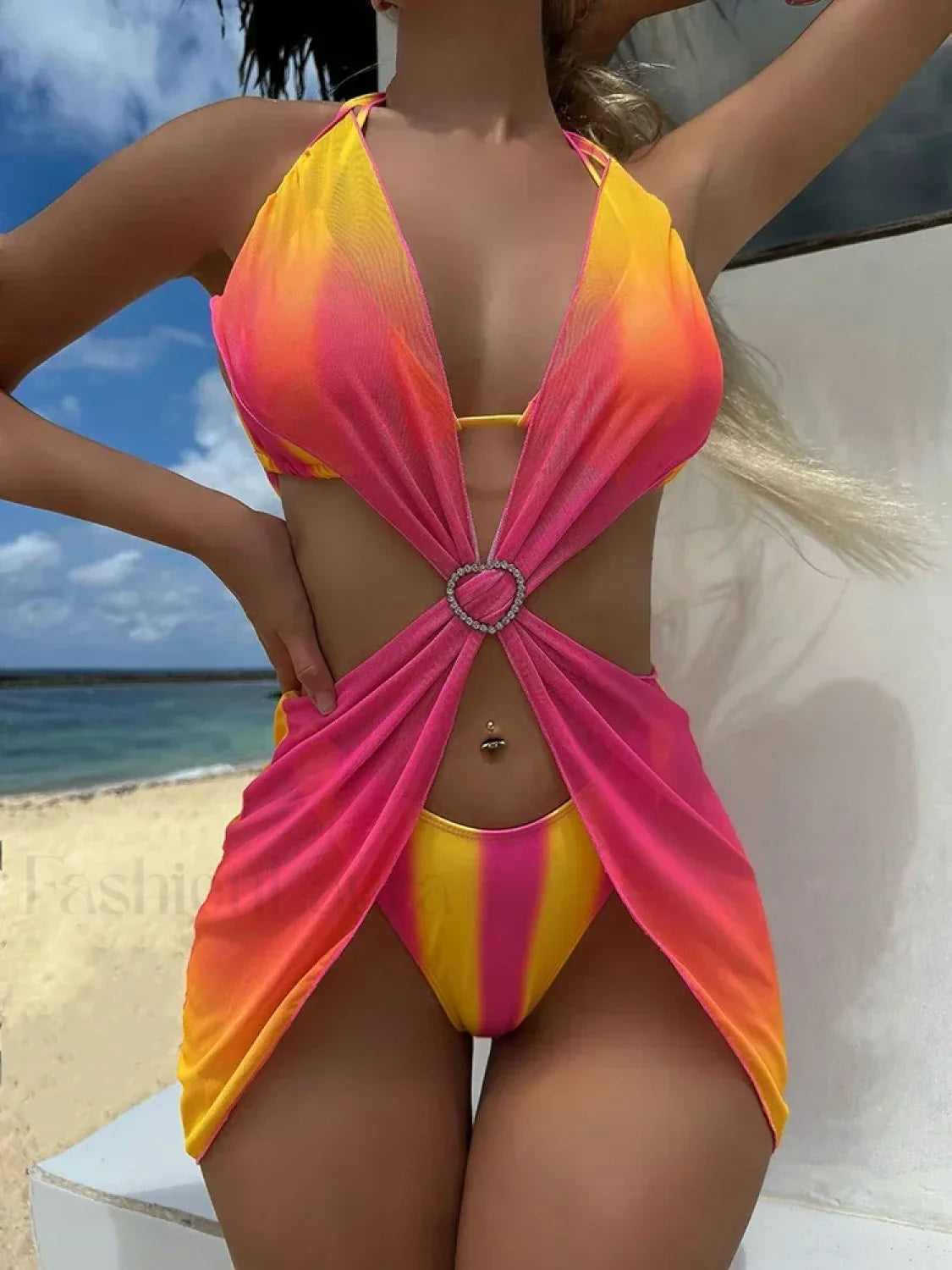 Striped Lace Mesh Bikini Three Piece Set YELLOW AND RED / S