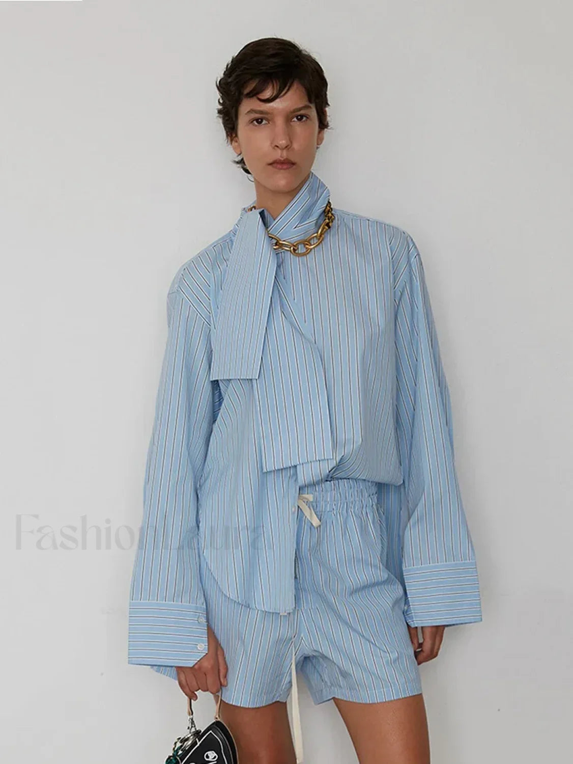 Striped Long Sleeve Collar Shorts Two Piece Set