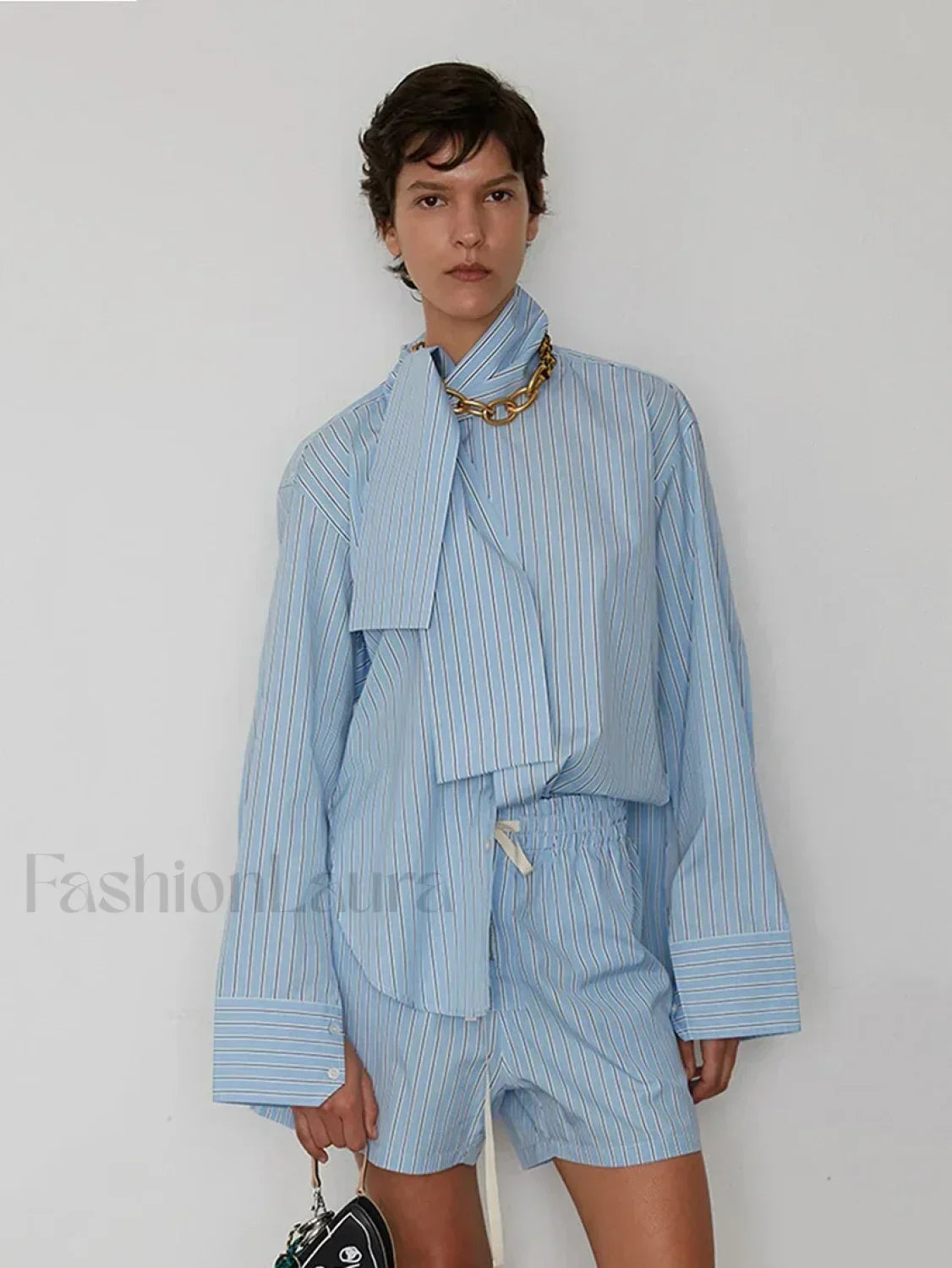 Striped Long Sleeve Collar Shorts Two Piece Set Blue / S