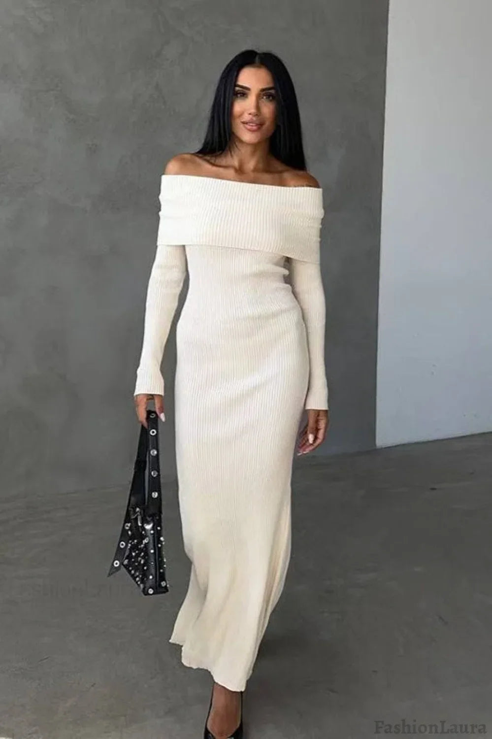 Striped Off Shoulder Sweater Dress S / Ivory