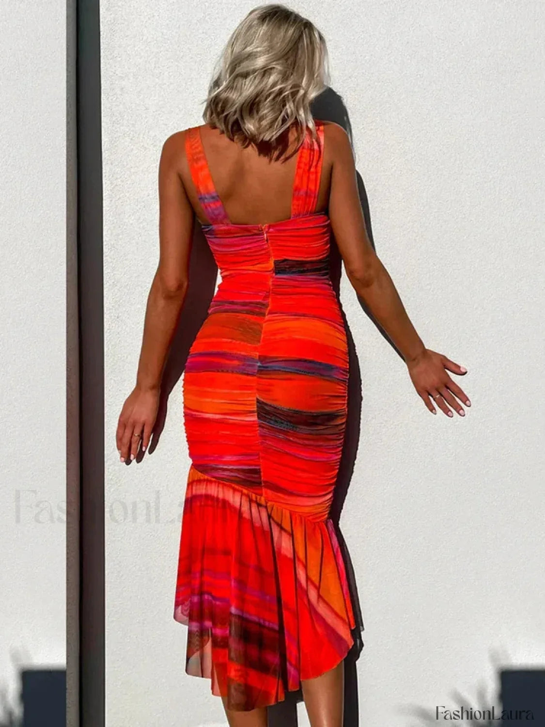 Striped Ruched Mesh Midi Dress