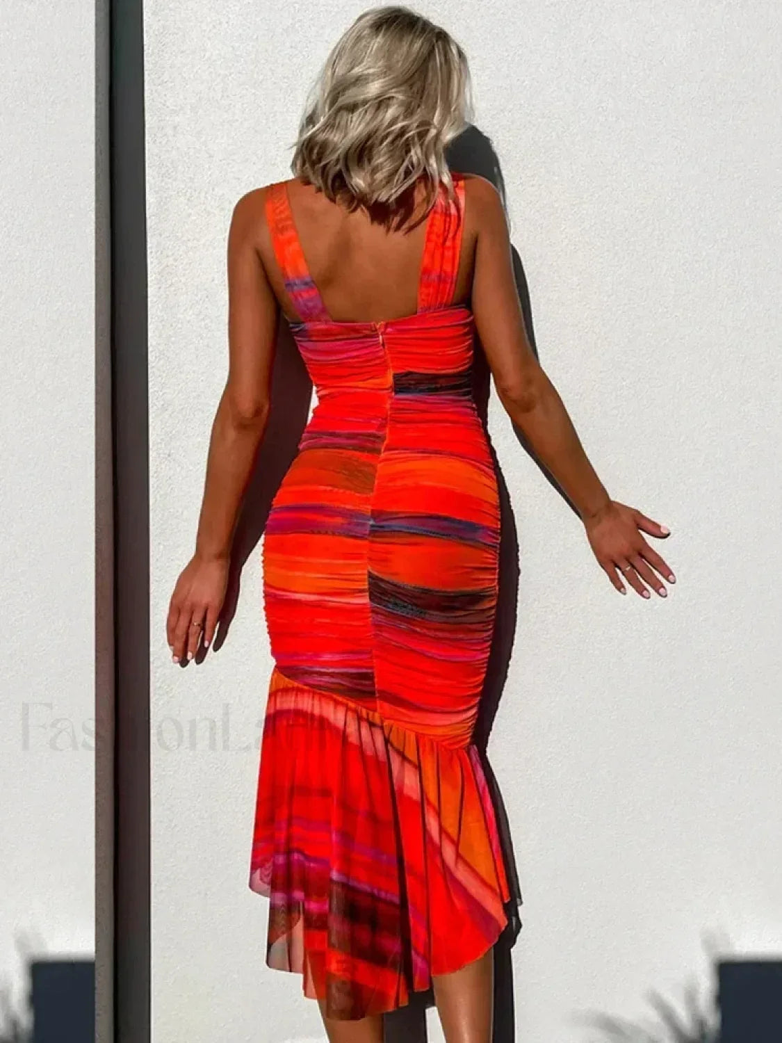 Striped Ruched Mesh Midi Dress