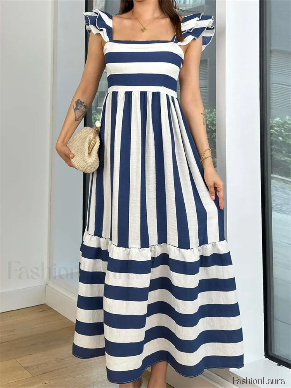 Striped Ruffle A-Line Party Maxi Dress