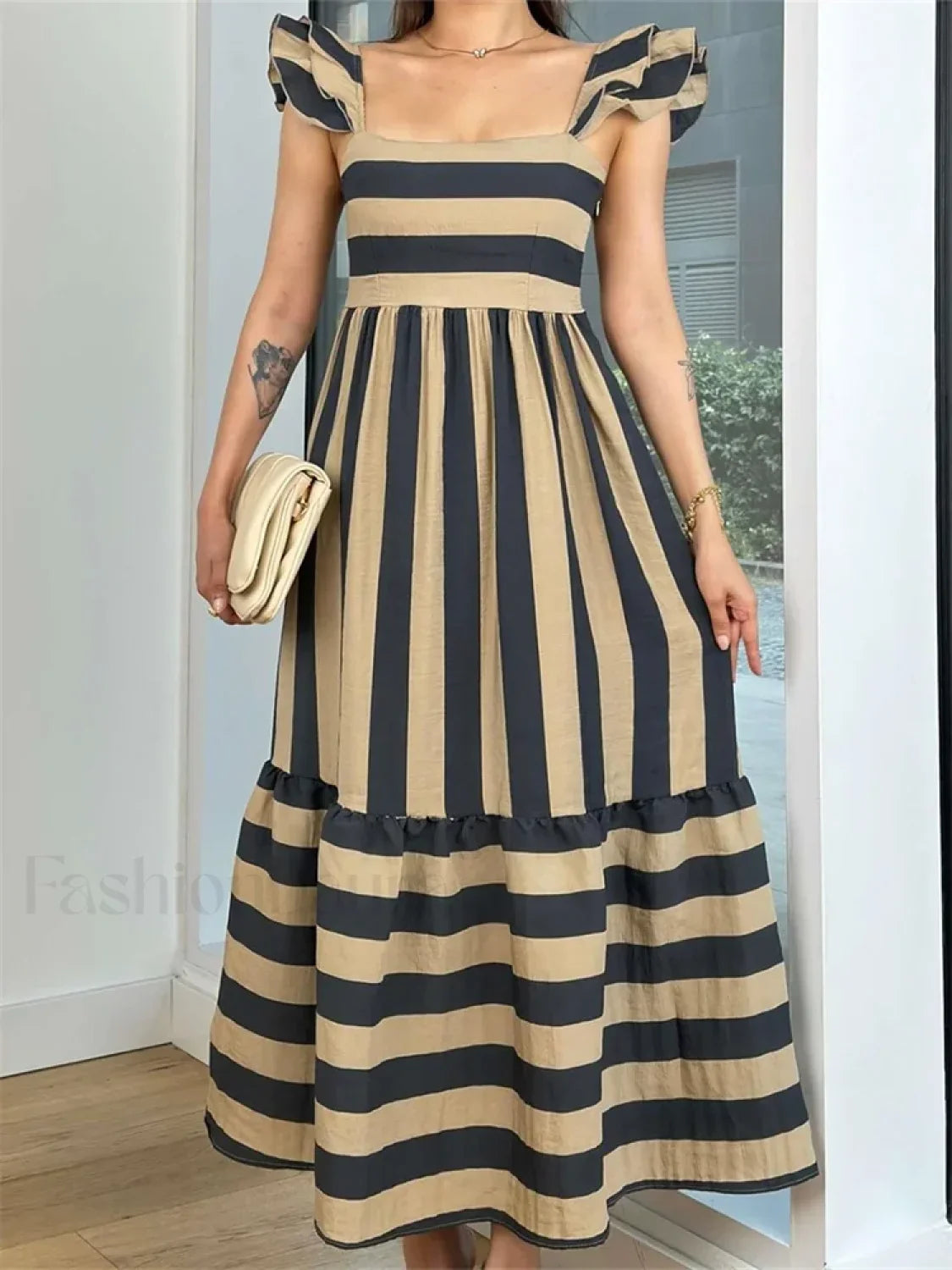 Striped Ruffle A-Line Party Maxi Dress