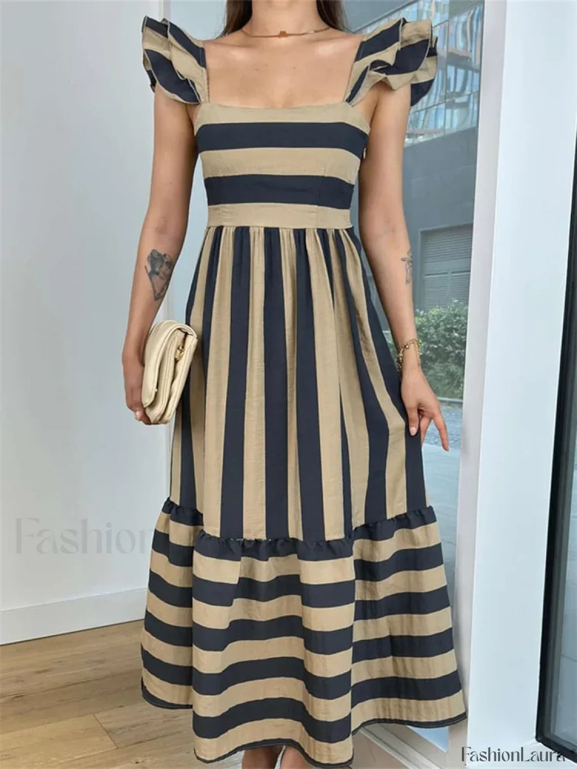 Striped Ruffle A-Line Party Maxi Dress
