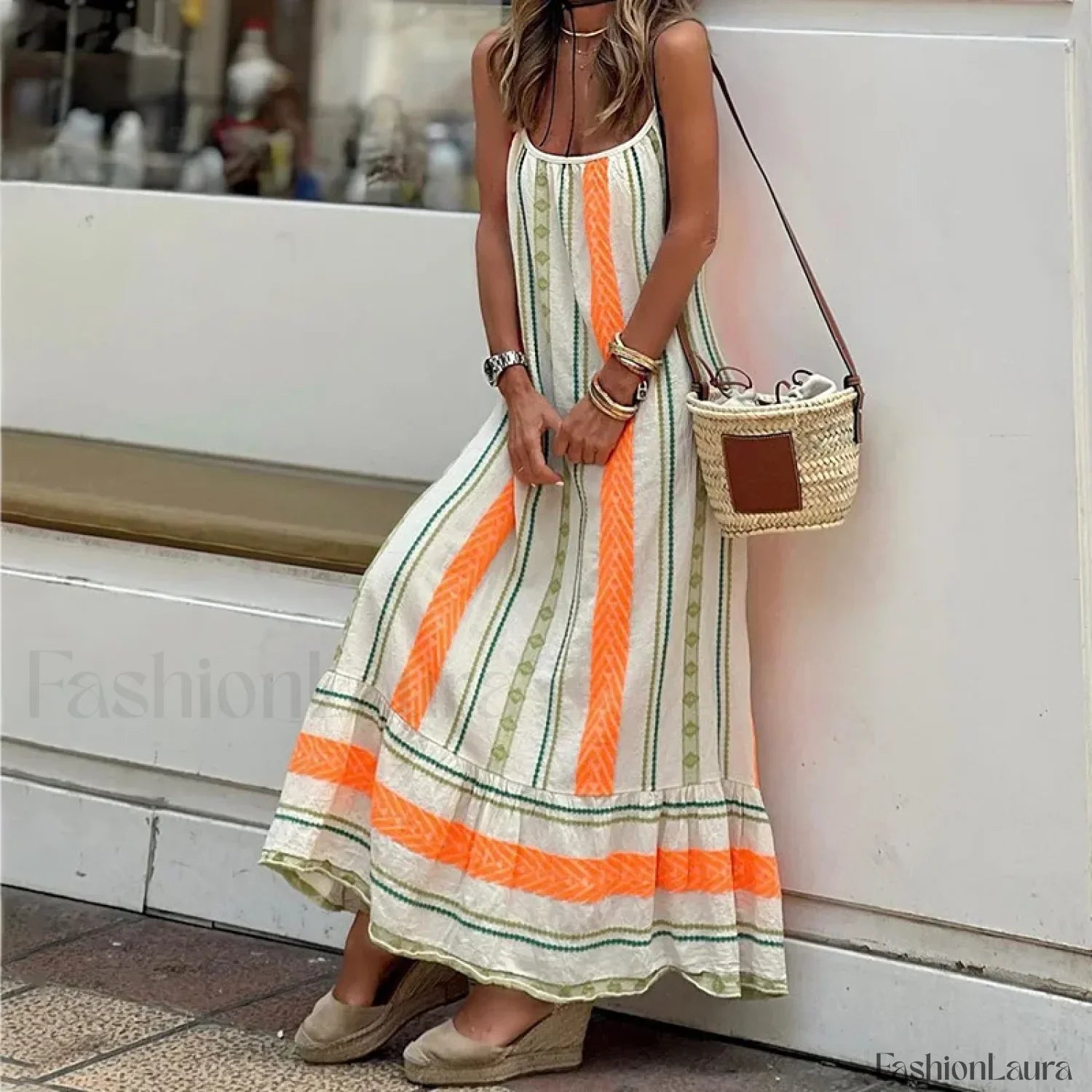Striped Spaghetti-Strap Boho Dress