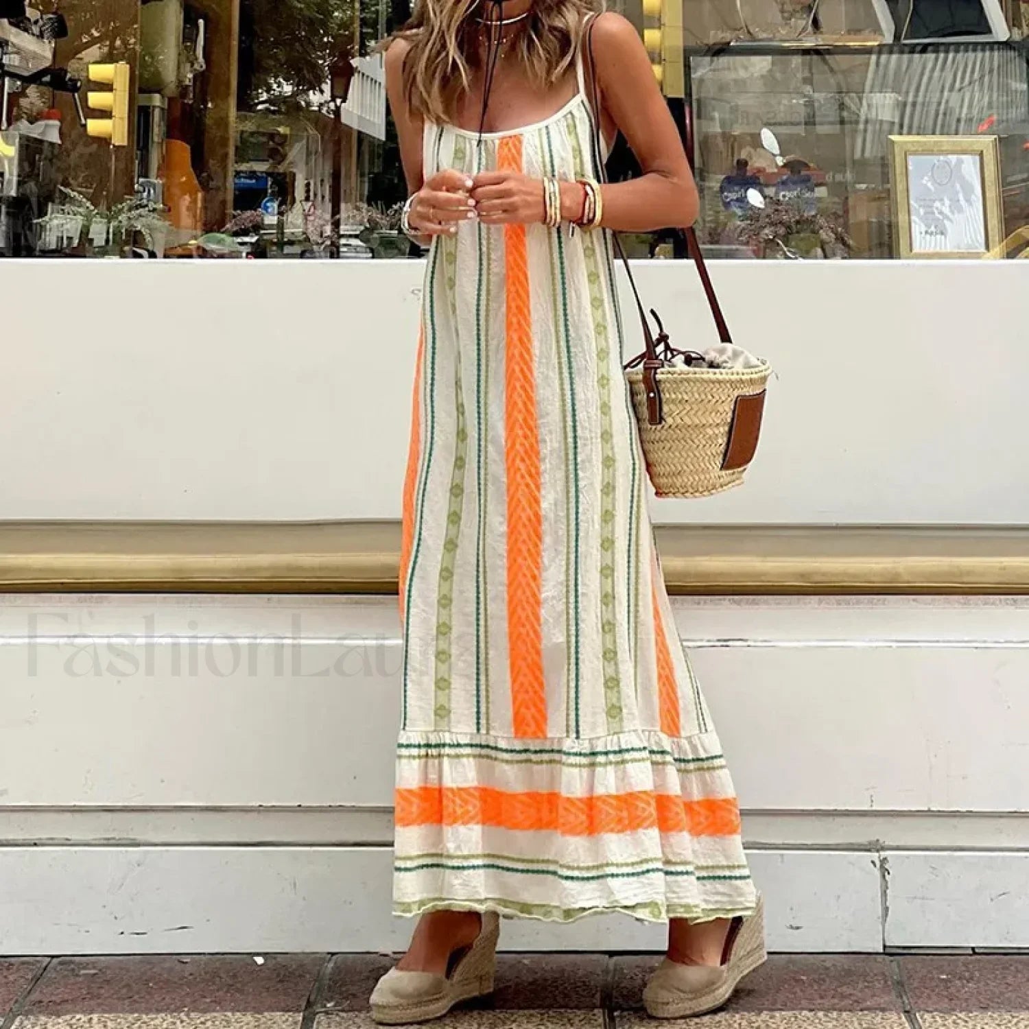 Striped Spaghetti-Strap Boho Dress