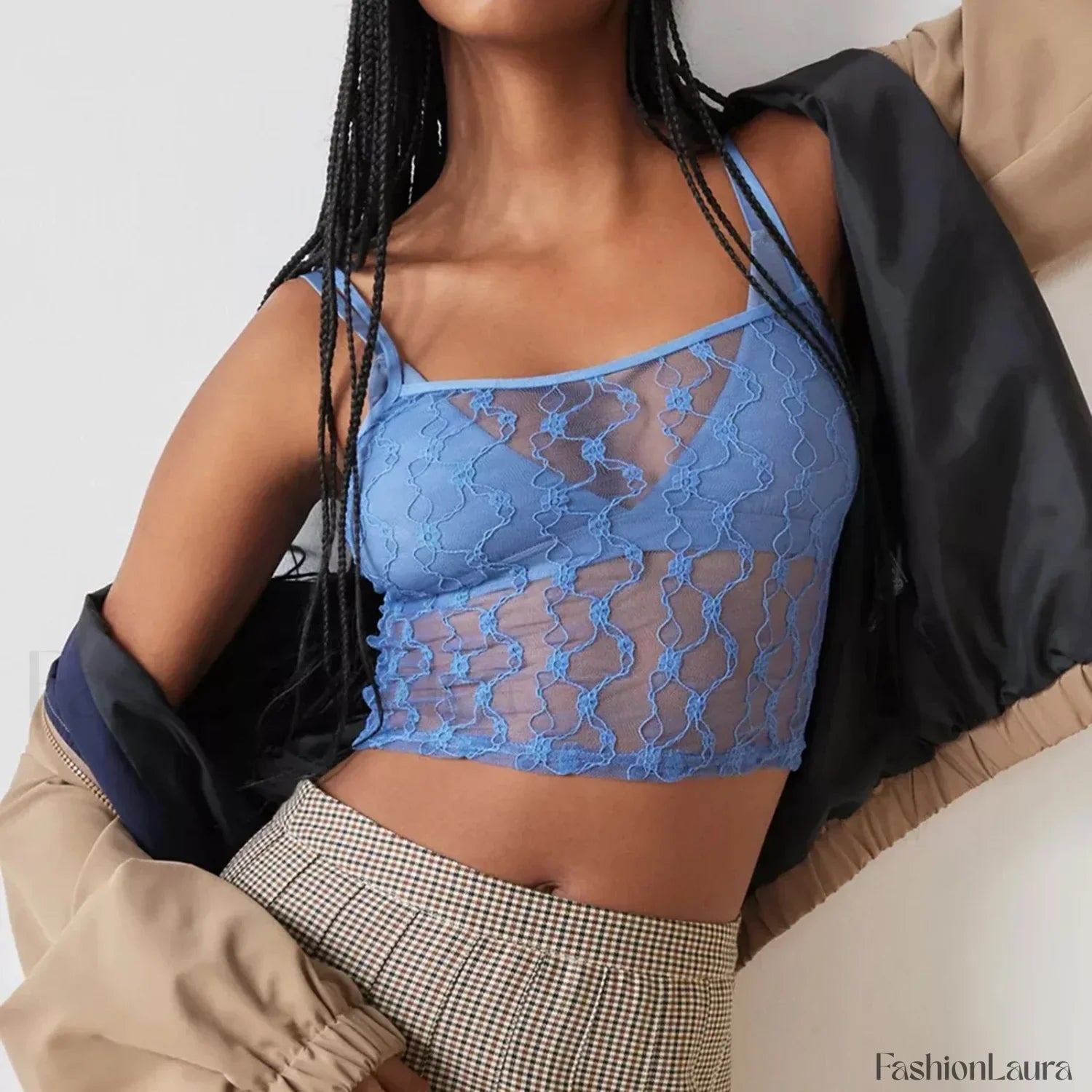 Striped Square-Neck Mesh Crop Top