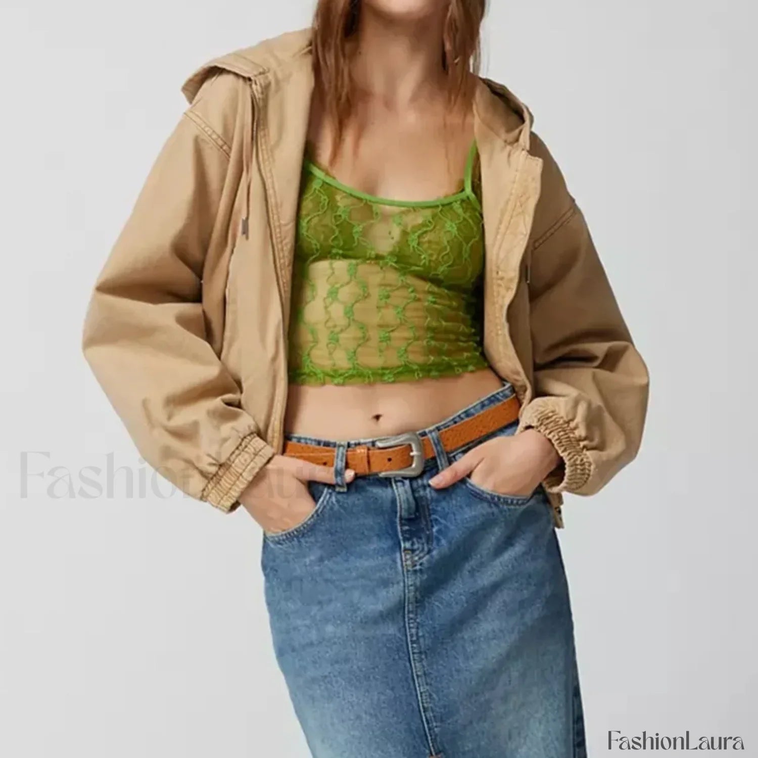 Striped Square-Neck Mesh Crop Top