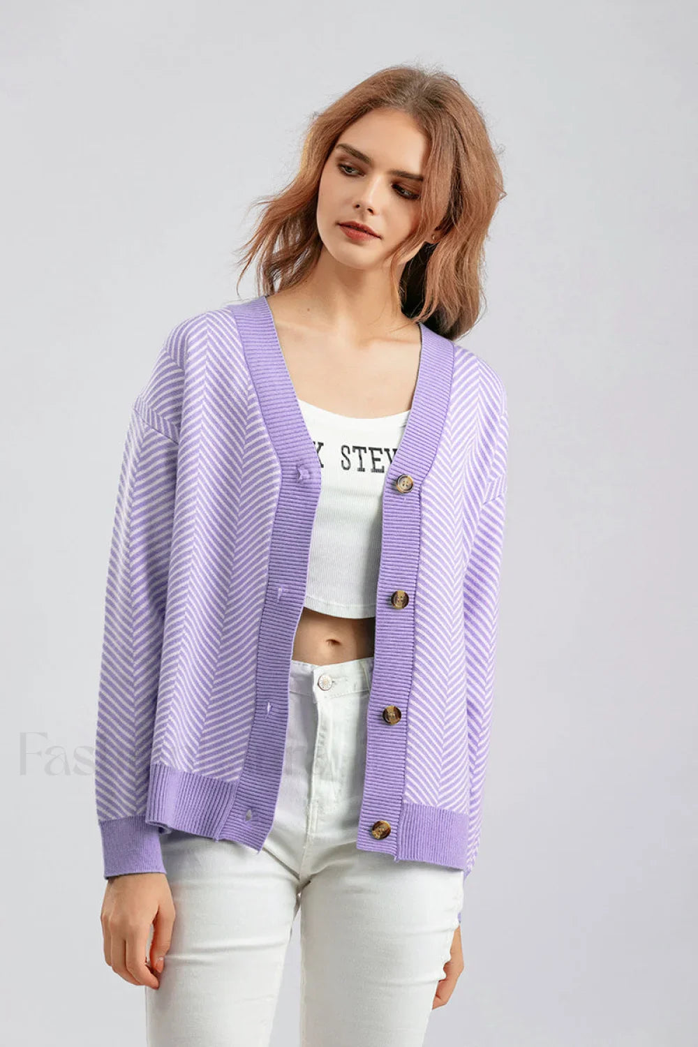 Striped V-Neck Buttoned Knit Sweater