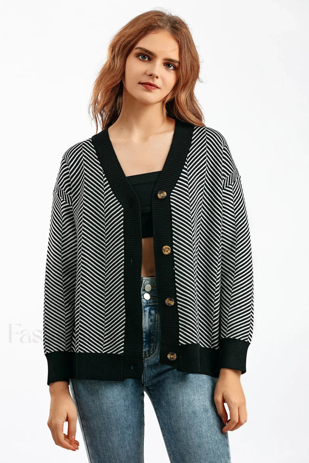 Striped V-Neck Buttoned Knit Sweater