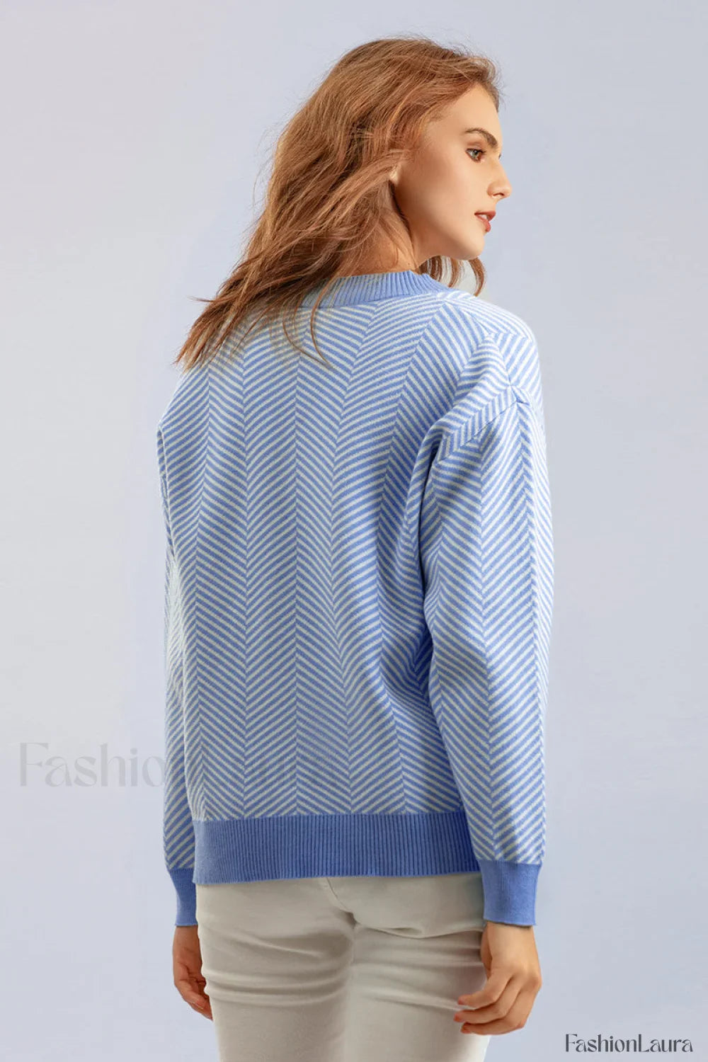 Striped V-Neck Buttoned Knit Sweater