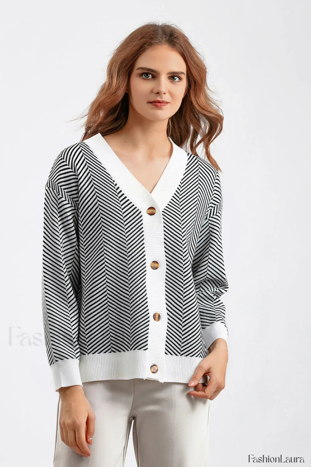 Striped V-Neck Buttoned Knit Sweater