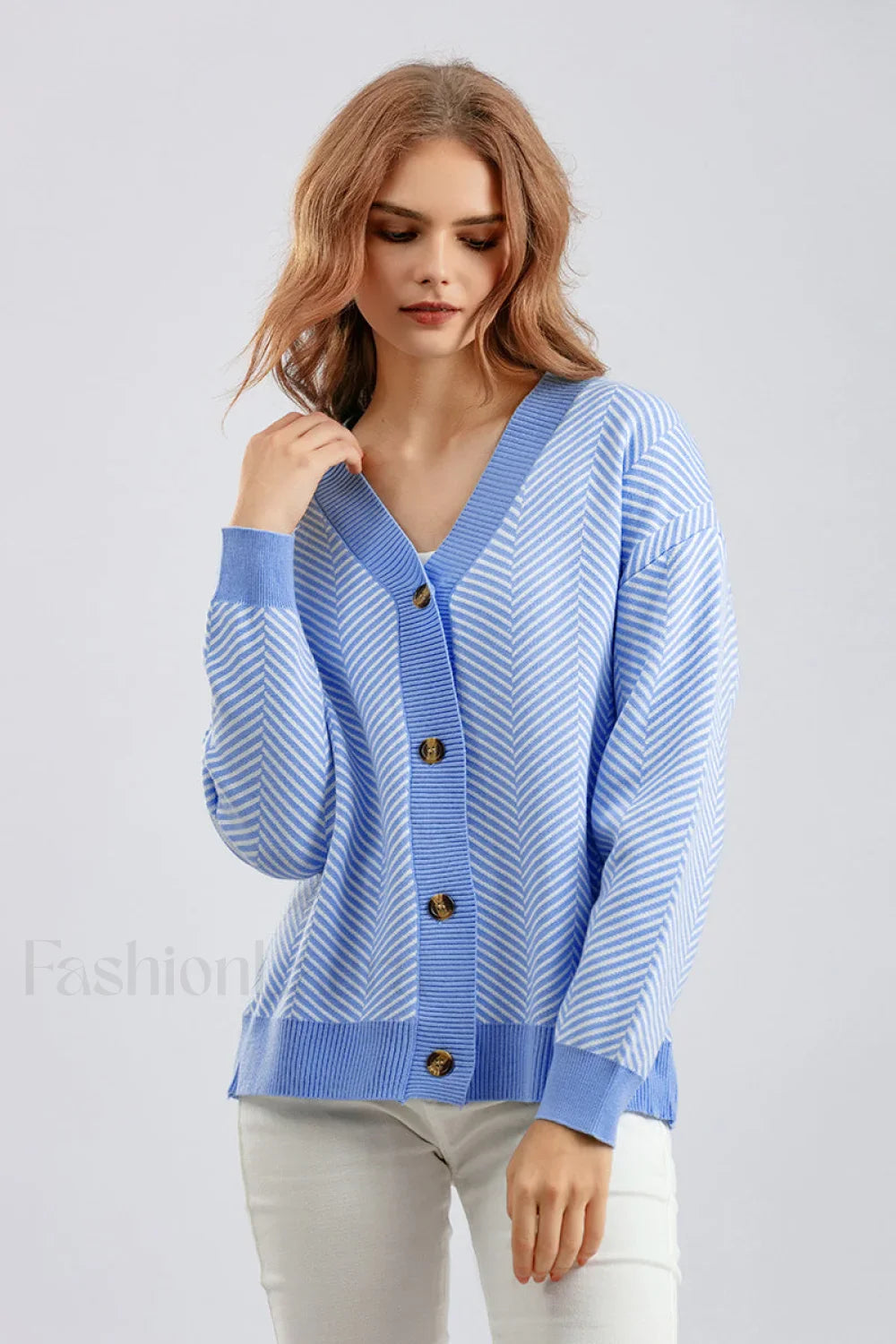 Striped V-Neck Buttoned Knit Sweater