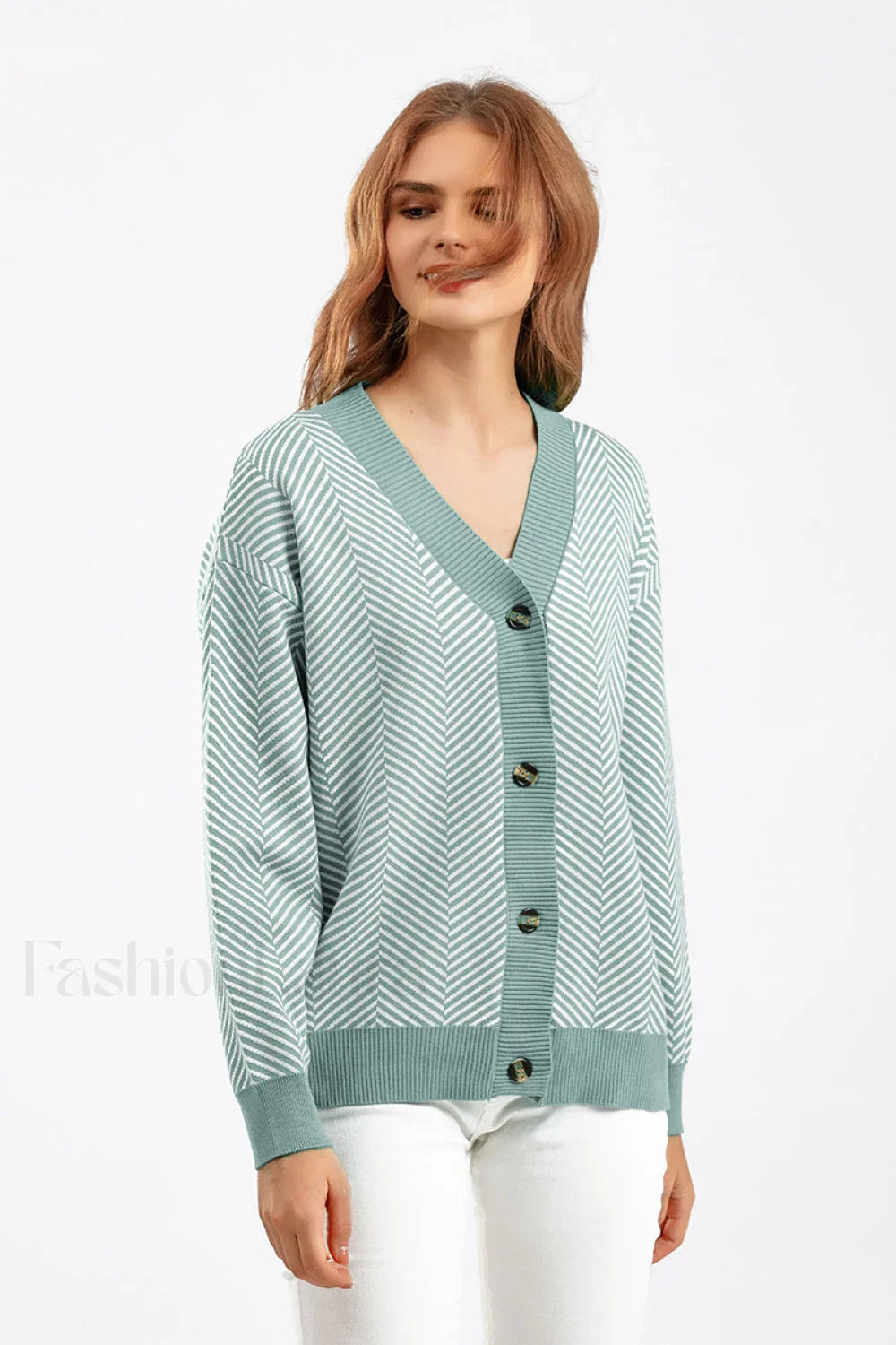 Striped V-Neck Buttoned Knit Sweater