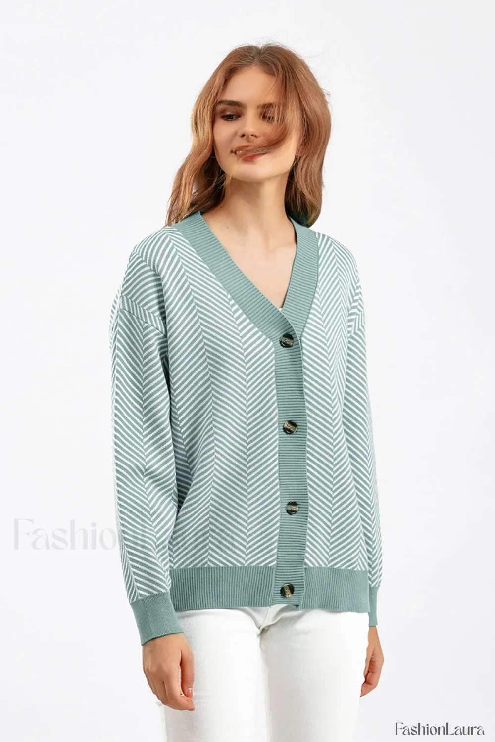 Striped V-Neck Buttoned Knit Sweater