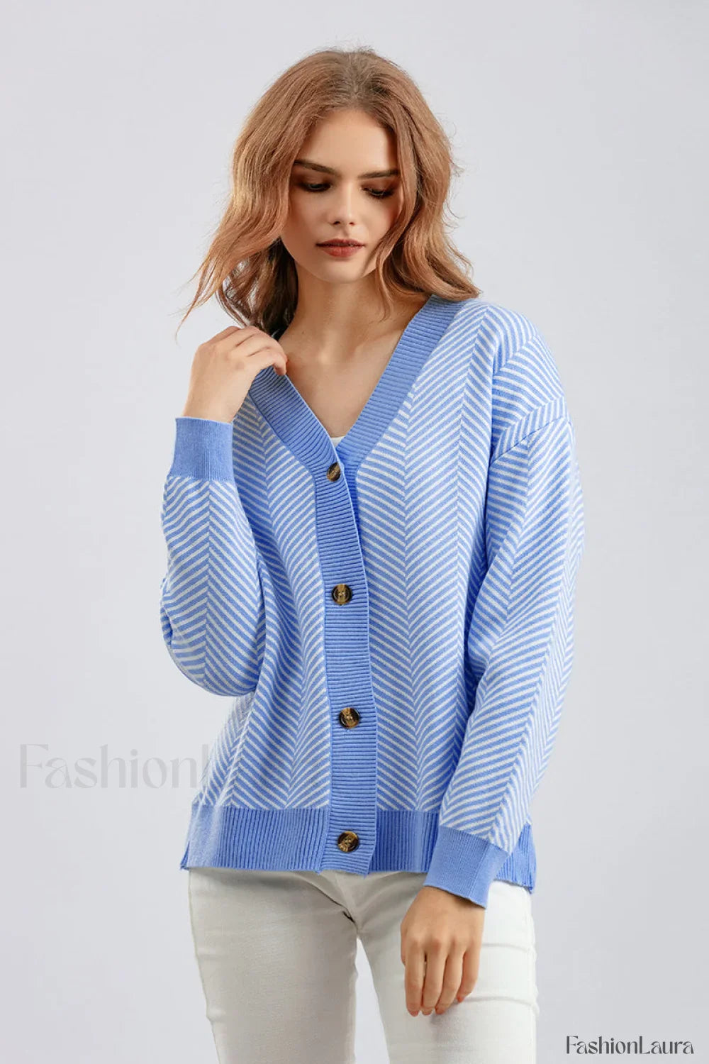 Striped V-Neck Buttoned Knit Sweater