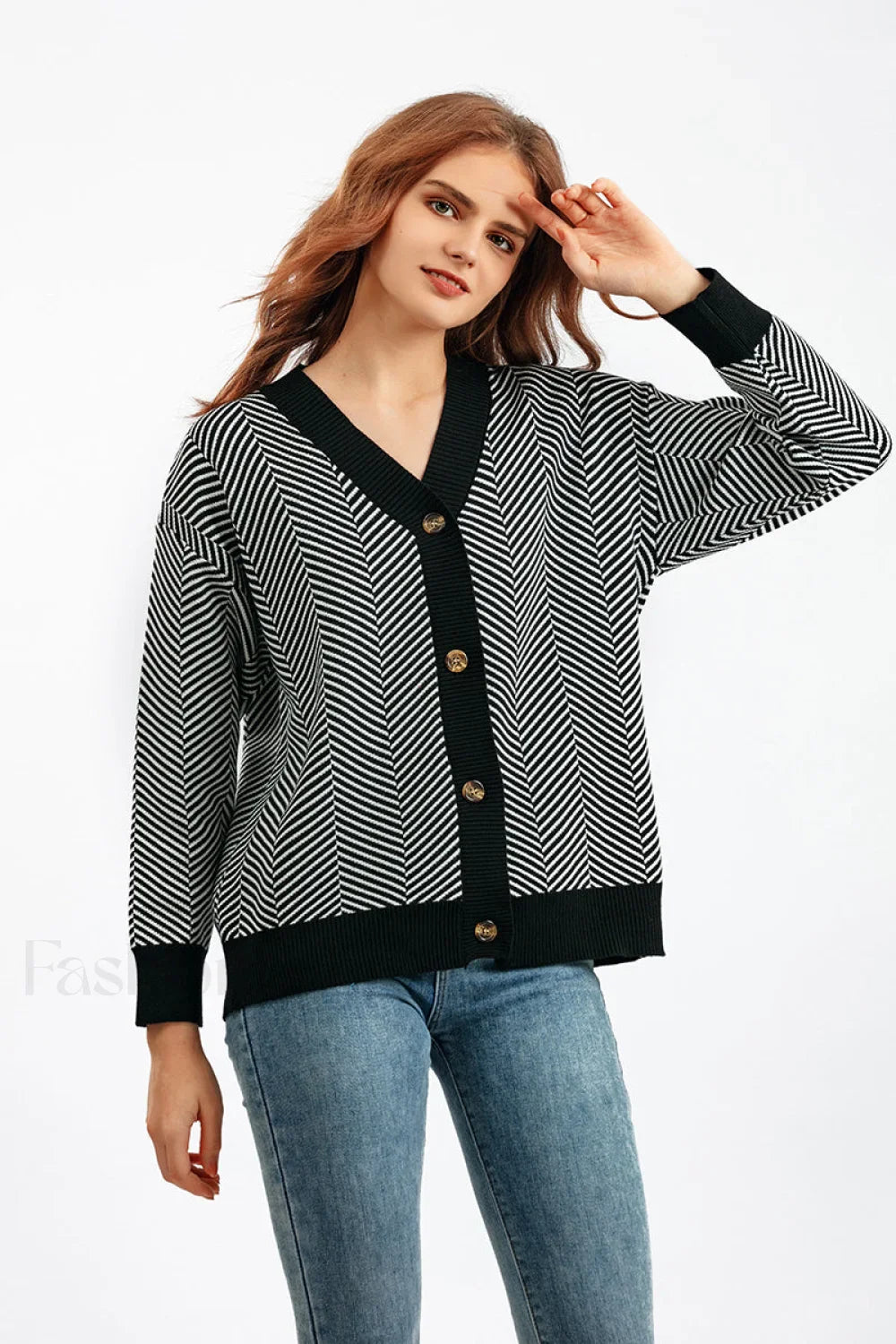 Striped V-Neck Buttoned Knit Sweater