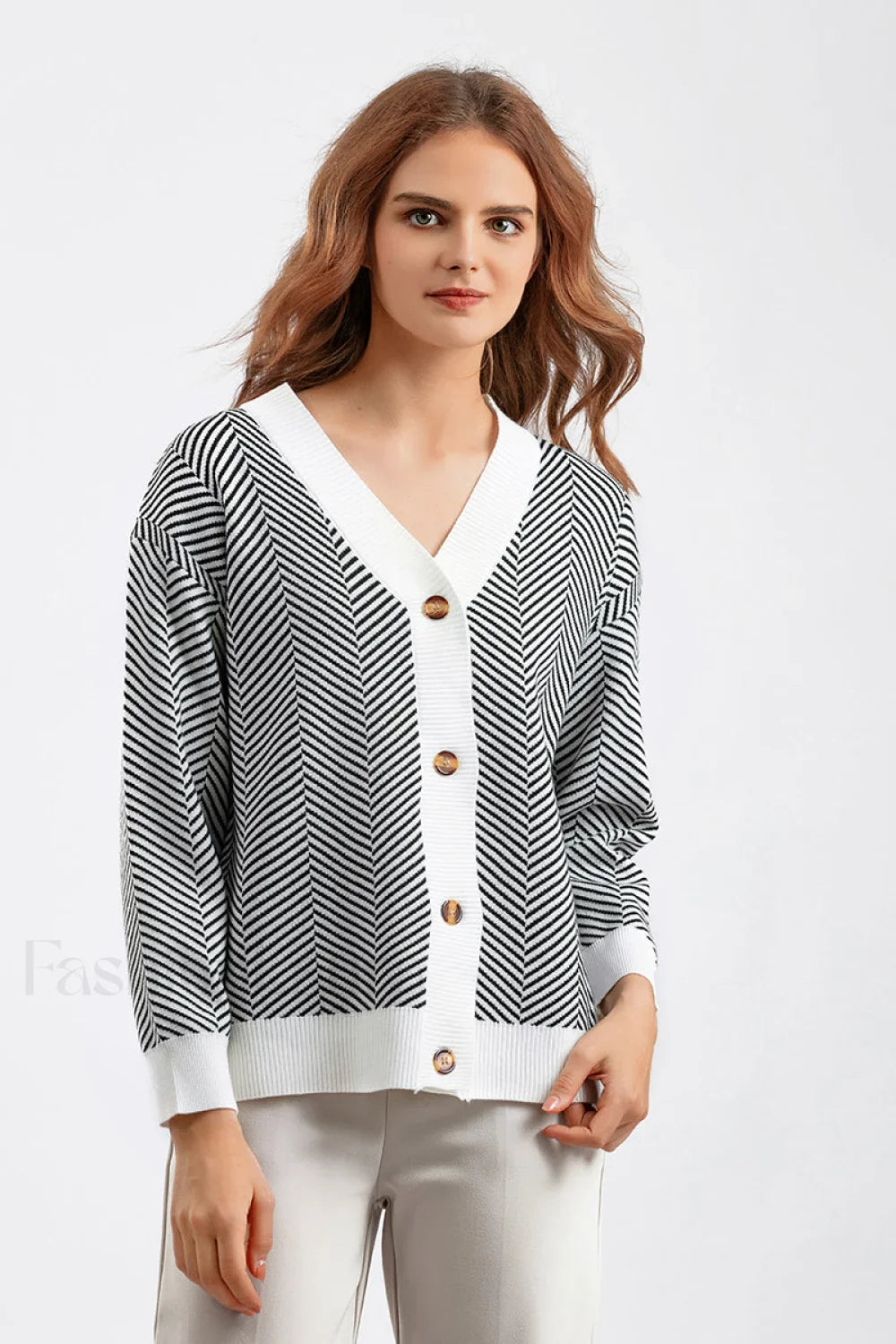 Striped V-Neck Buttoned Knit Sweater