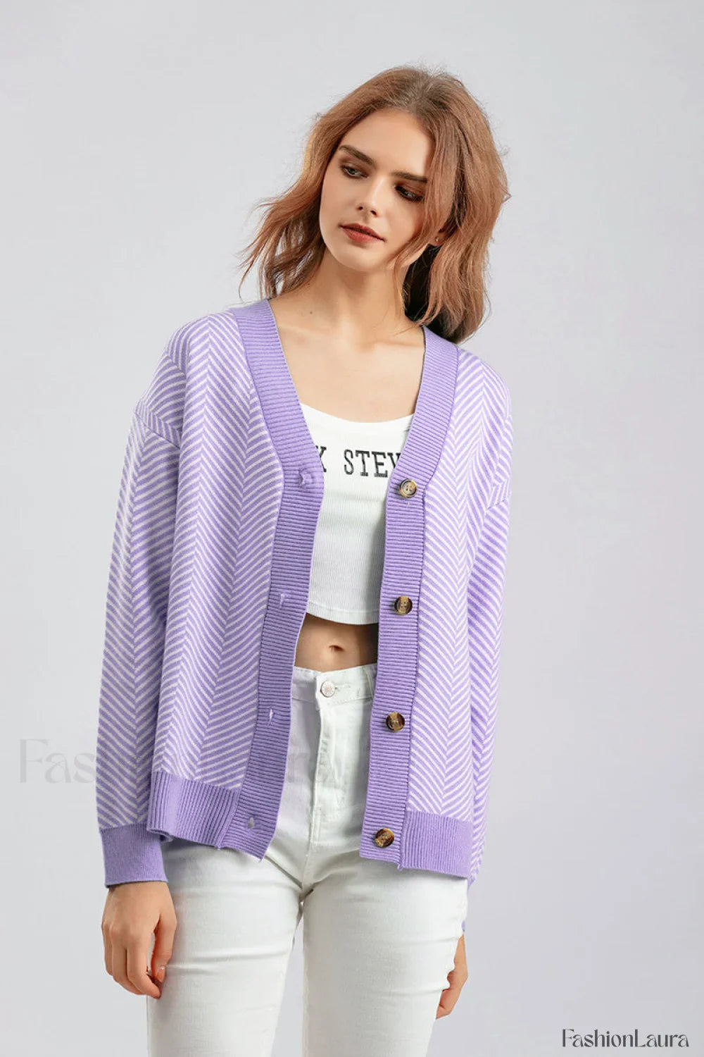 Striped V-Neck Buttoned Knit Sweater