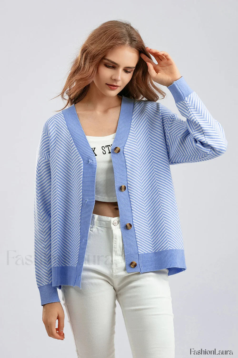 Striped V-Neck Buttoned Knit Sweater