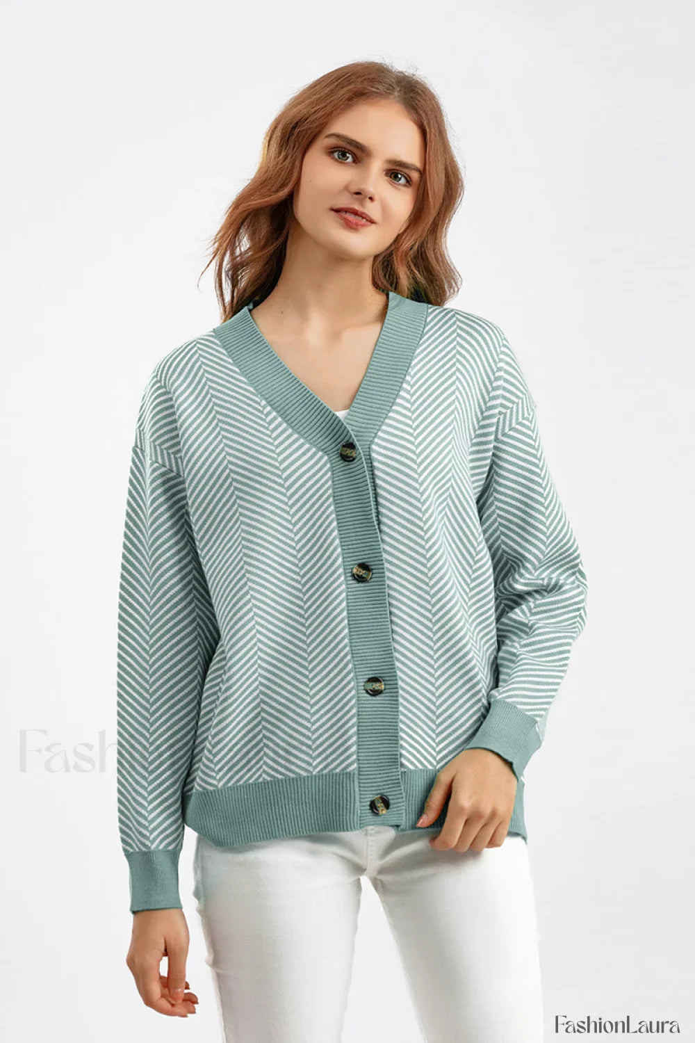 Striped V-Neck Buttoned Knit Sweater