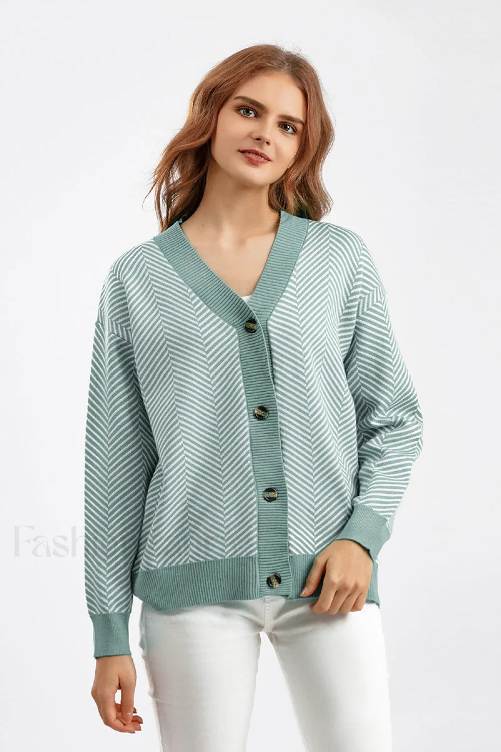 Striped V-Neck Buttoned Knit Sweater