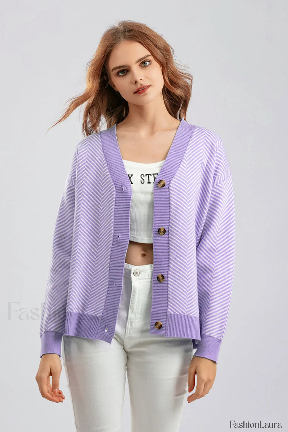 Striped V-Neck Buttoned Knit Sweater